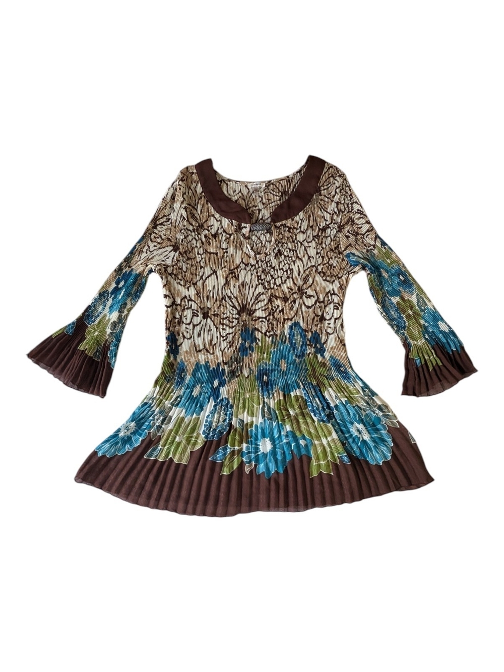 Nicola XL Floral Pleated Blouse Brown Teal Blue Boho Bell Sleeve Tunic Top
